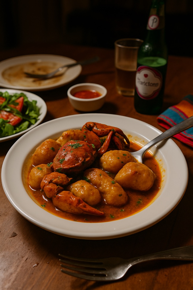 Crab and dumplings, a traditional dish from Dominica