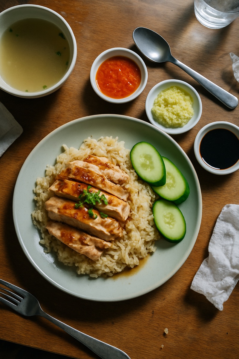 Hainanese chicken rice, a traditional dish from Singapore